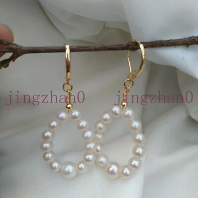 4-6mm AAAA+ Natural Akoya Round White Real Lever Back Pearl Earrings 14k Gold P - Image 1 of 4