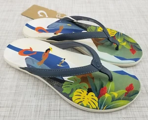 NWT OluKai Ho'opio Pae Wind Grey / Pae Beach Scene Flip Flop Sandals Women's 5 - Picture 1 of 6