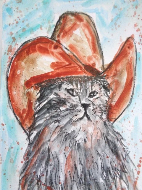 ÚNICO - Pintura Acuarela Original COUNTRY FARM COWBOY GATITO GAT Foto 1 de 1