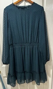 Women’s M/18 Teal Dot Chiffon Dress Long Sleeve Ruffle Hem Boho Vintage Look - Picture 1 of 14