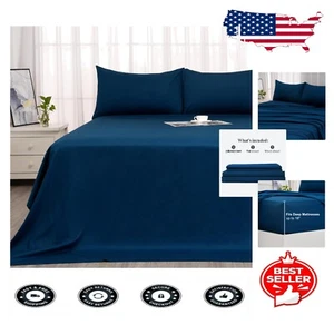 Navy Blue 4-Piece Full Sheet Set in Soft Cotton - 400TC with Fade Resistance - Picture 1 of 9