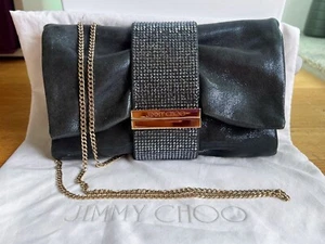 Jimmy Choo Chandra Shimmery Sheepskin Evening Bag Chain Clutch Rhinestones Blue - Picture 1 of 13