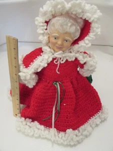 Hand Crocheted Red Dress Cape & Hat Mrs. Santa Claus Doll on Stand 14" Tall - Picture 1 of 6