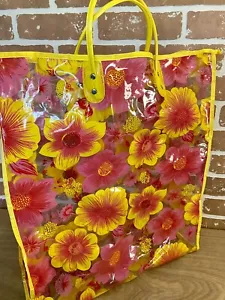 Vintage Flower Power 60s 70s Clear PVC Vinyl Retro XL Tote Bag Pink Yellow - Picture 1 of 12