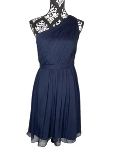 J Crew Dress Sz 4 Kylie Gown Navy Silk Chiffon One-Shoulder Above the Knee Short - Picture 1 of 5
