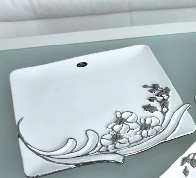 Moderne Dekoschale Obstschale 'Sophia' aus Keramik weiß/silber 32x33 cm - Bild 1 von 4