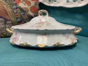 Haviland Limoges Frankreich Porzellan bedeckter Tureneen ~ rosa Blumen & Gold - hat Chip - Bild 1 von 13