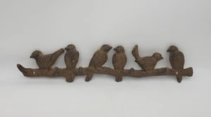 19" Cast Iron 6 Birds Coat Hat Hanger Branch 4 Hooks Wall Mount Brown Heavy Vtg - Picture 1 of 11