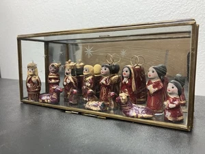 VTG Mexico Folk Art Nativity Set Burgundy 14pc in Mirrored Glass Display Box - Picture 1 of 19