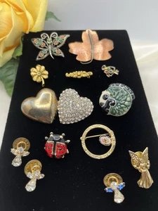 Brooches Pins Lot Of 13 Butterfly Leaf Lady Bug Clover Heart Angels Jewelry - Picture 1 of 21