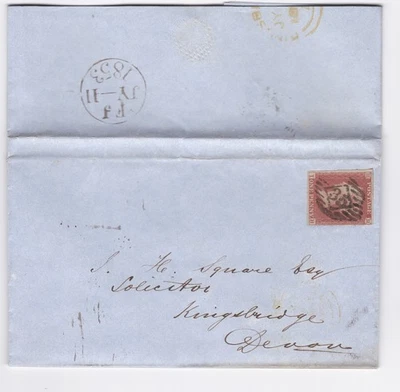 SELLO ROJO FINO DE 1 CENTAVO 1853 QV EN LINCOLNS POSN CARTA A KINGSBRIDGE DEVON Foto 1 de 3