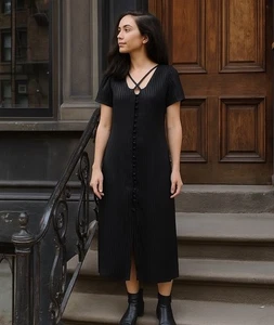 Maxi Vestido Escarlata Años 90 De Colección Talla 7-8 Negro Manga Corta Bruja Capricho Botón - Imagen 1 de 11