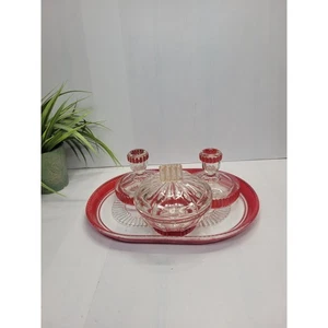 Art Deco Glass Vanity Set, Tray Candleholders and Powder Dish, Red Vertical Trim - Picture 1 of 7
