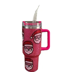 Stainless Steel Santa Claus Pink Bling Rhinestone 40 oz Tumbler & Lid Christmas - Picture 1 of 5