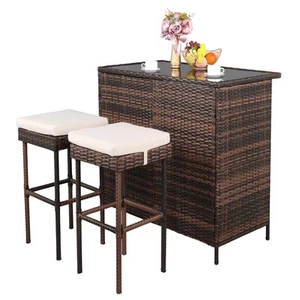 3 Pcs Home Patio Rattan Wicker Bar Table Stools Dining Set Cushioned Chairs Yard - Picture 1 of 12