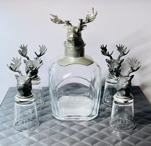 Jarra de ciervo de peltre Pottery Barn con juego de 4 barras de vidrio DESCONTINUADA RARA - Imagen 1 de 19