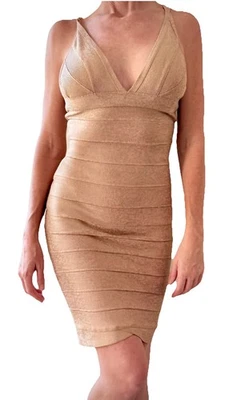 Authentic Iconic HERVE LEGER Gold Foil Metallic Bandage Dress Sz XS - Image 1 of 4