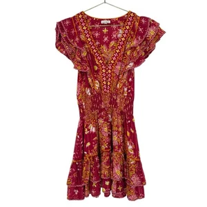 Poupette St Barth Camila Smocked Mini Dress, Embroidered Red Yellow XS Beach - Picture 1 of 7