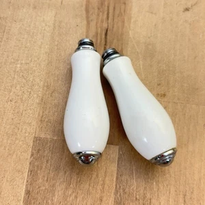 Pair White Porcelain and Silver Tone Pulls/Knobs, 2.5" SMALL CHIP - Picture 1 of 6