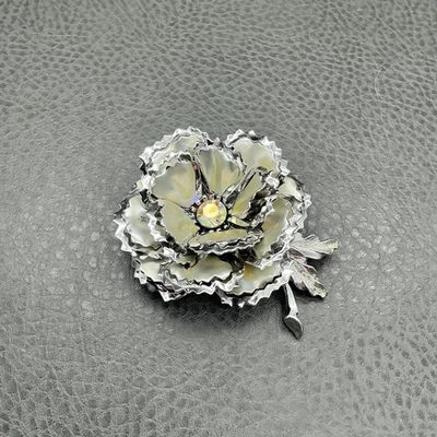 Silver Tone Flower Brooch White Crystal Layered Petals Elegant 2.5 Inch Pin - Image 1 of 4