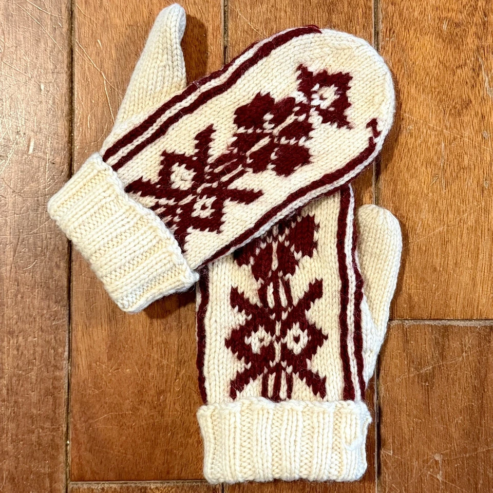 Vintage 1960s 60s MCM Hand Knit Alpine Norwegian Mittens Women Ivory Maroon - Image 1 of 4