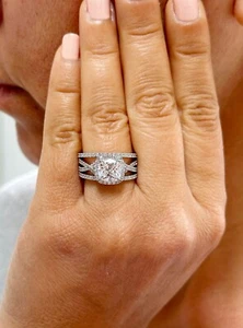 14K SOLID WHITE GOLD CUSHION SIMULATED DIAMOND ENGAGEMENT RING AND BANDs 3.40ct - Picture 1 of 15