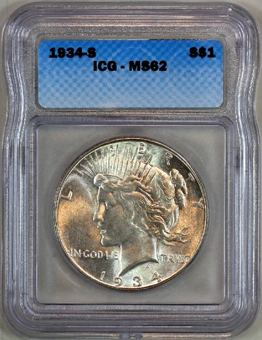* 1934-S * MS62 ICG * PEACE SILVER DOLLAR * BRILLIANT MINT STATE EXAMPLE!  * Cover