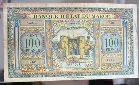 Morocco 100 francs  P-27a 1943 VF Banknote Cover