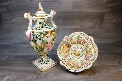 Capodimonte Porcelain Relief Vase Plate Hand Painted Italy Mid-Century 1960s - Image 1 of 4