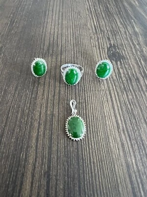 Exquisite Natural Jadeite & Diamond 4 Piece Jewelry Ensemble 14k White Gold - Image 1 of 4
