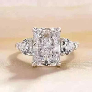 4Ct Radiant & Heart Cut Moissanite 3 Stone Engagement Ring 14k White Gold Plated - Picture 1 of 6