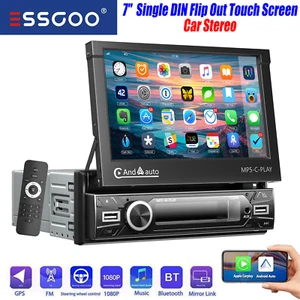 7" Single 1 DIN Car Stereo Radio Apple CarPlay FM BT USB Flip Out Screen Player - Picture 1 of 15