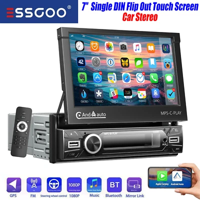 7" Single 1 DIN Car Stereo Radio Apple CarPlay FM BT USB Flip Out Screen Player - Image 1 of 4