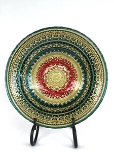 Vintage Turkish Multicolored Glass Round Bowl Gold Lace Burgundy Red Green 13x3 - Picture 1 of 12