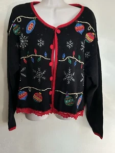 Vtg Sweater Women Christmas Ornaments Cardigan Embroidered Nutcracker Sz L - Picture 1 of 7