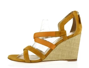 MARVIN K Tan Pumpkin Orange Suede Zip Wedges Heels Strappy Sandals Size 10 - Picture 1 of 5