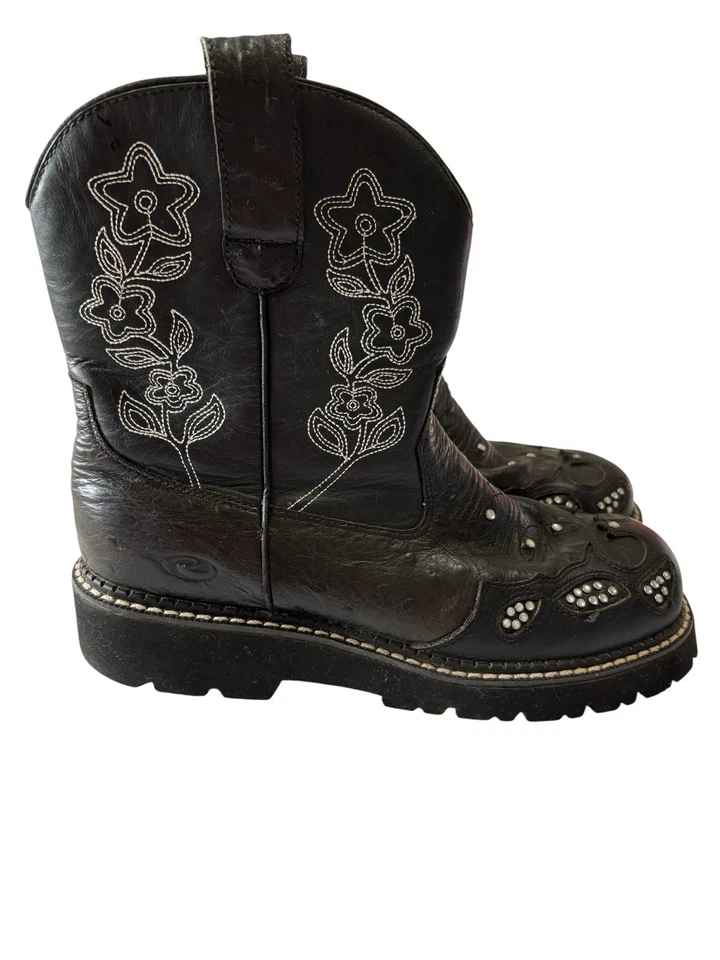 Roper Women’s Size 9 Black Leather Cowboy Boots Rhinestone Embroidered Western - Image 1 of 4
