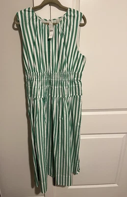 Vestido J.Crew Jacinto Midi Verde Blanco Rayas Cintura Ajustada Algodón Popelina Talla L Foto 1 de 4