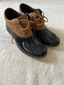 Tommy Hilfiger Duck Boots Womens Size 9 Tan Navy Waterproof Lace-Up Rubber Sole - Picture 1 of 8