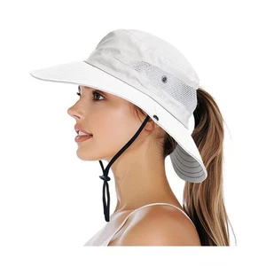 Ponytail Sun Hat for Women Wide Brim UPF 50+ Bucket Fishing & Beach Hats Beige - Picture 1 of 7