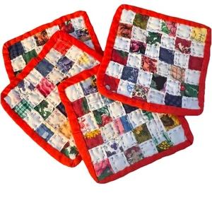 Set of 4 Mini Patchwork Quilt Coasters Hand Stitched Christmas Red Trim 4.25” - Picture 1 of 4