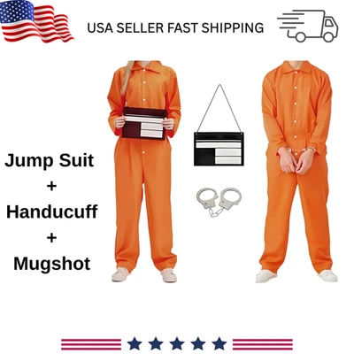 Orange Prisoner Costume Jumpsuit Men with Mugshot Board and Handcuffs Unisex - Image 1 of 4