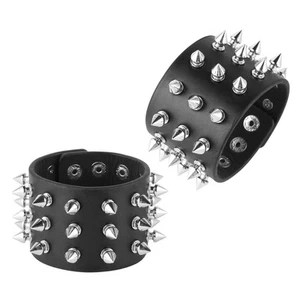 A Pair Unisex Black Metal Spike Studded Punk Rock Biker Wide Strap Leather Br... - Picture 1 of 5