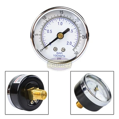 Quality 1/4" NPT Air Pressure Gauge 0-30 PSI Center / Back Mnt Mount 2" Face - Image 1 of 4