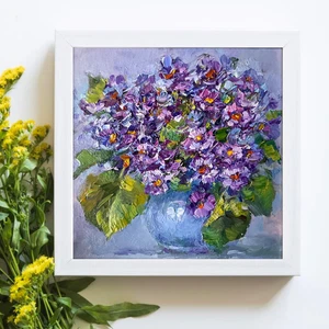 Bouquet  Violets Original oil painting cute flowers artwork Frame  4x4in so - Picture 1 of 13