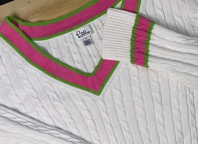 Suéter Tenis Mujer Lilly Pulitzer Blanco Algodón Tejido con Cable Cuello en V XL Foto 1 de 4