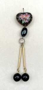 Cloisonne Black Floral Heart 3.5" Pendant Bead Dangles - Picture 1 of 10