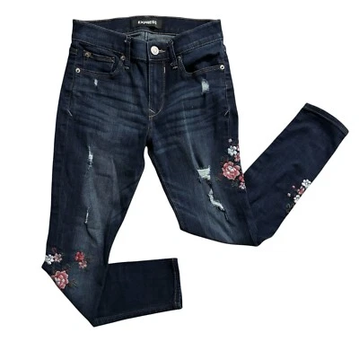 Leggings Express Bordados Flores 0 S Denim Para Mujer Tiro Medio Lavado Oscuro Y2K Foto 1 de 4
