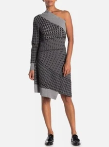 Burberry Grey One Shoulder Wool Knit Jacquard Cable Dress Made In Italy Size L - Picture 1 of 12
