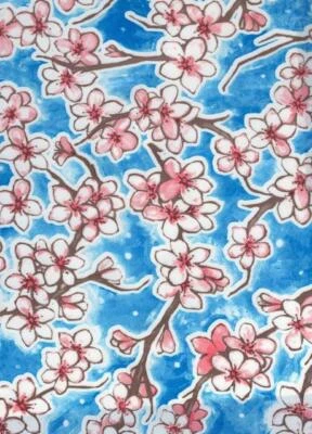 Oilcloth Fabric Cherry Blossom Fuji Blue Pattern Sold in Yard or Bolt - Image 1 of 2